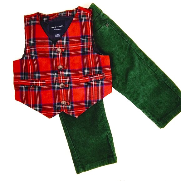 Janie and Jack SET Green Corduroy Pants and Holiday Plaid Vest 6-12 Months - Picture 2 of 16